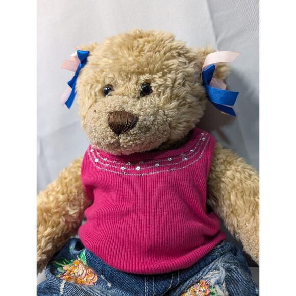 Vintage Build A Bear Workshop Curly Teddy Bear Pink Bling Tank Embroid Jeans 16" - Picture 2 of 7
